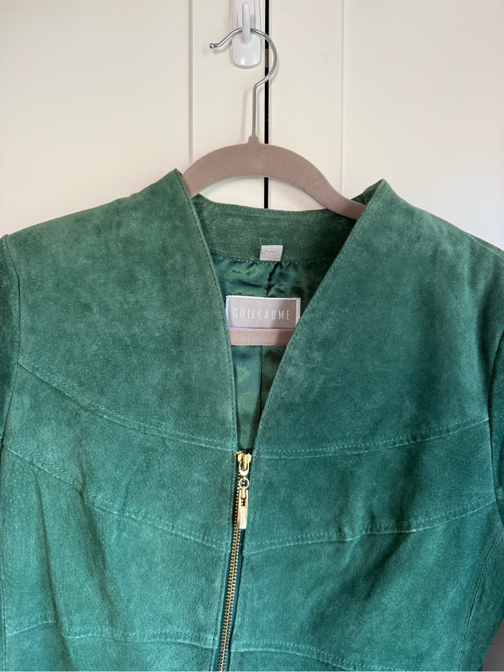 Guillaume Genuine Suede Leather Collarless Zip Front Jacket Emerald Green Size S - Picture 3 of 8